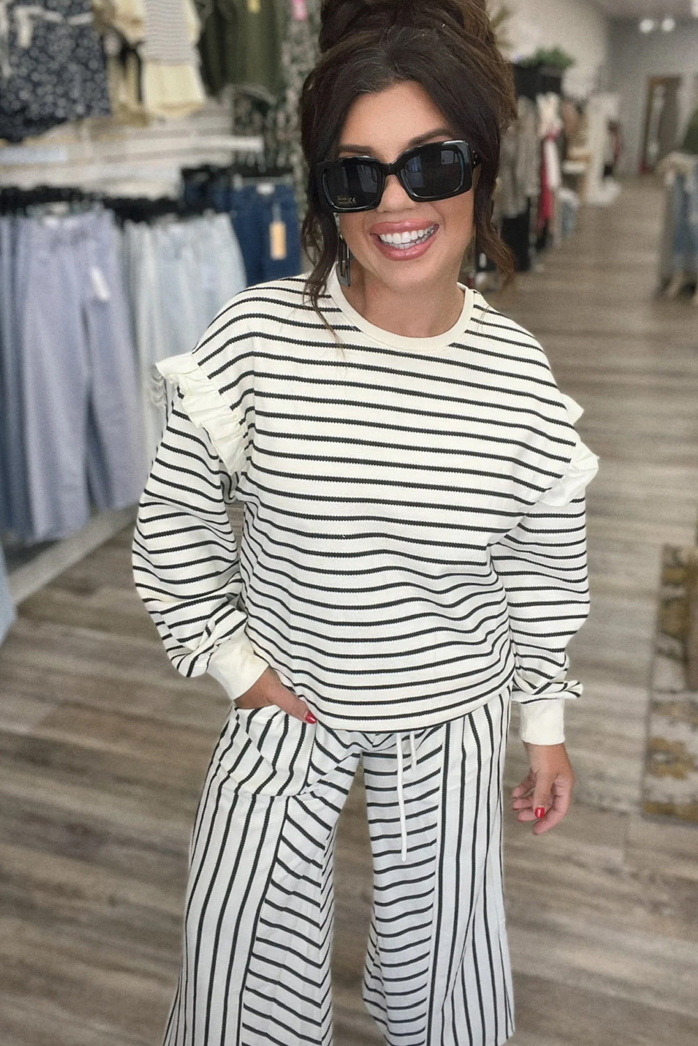 White Stripe Ruffle Trim Drop Shoulder Top Drawstring Loose Pant Set