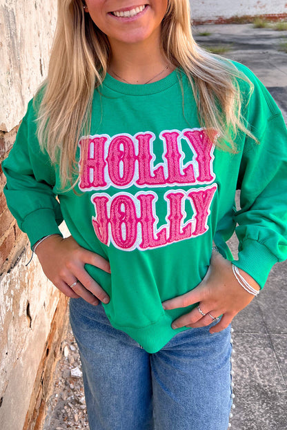 Dark Green HOLLY JOLLY Patched Graphic Plus Size Sweatshirt