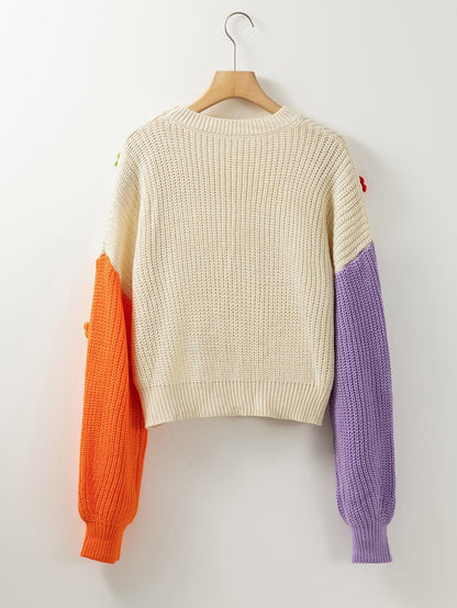 Floral Patchwork Drop Shoulder Knit Sweater with Colorblock Design