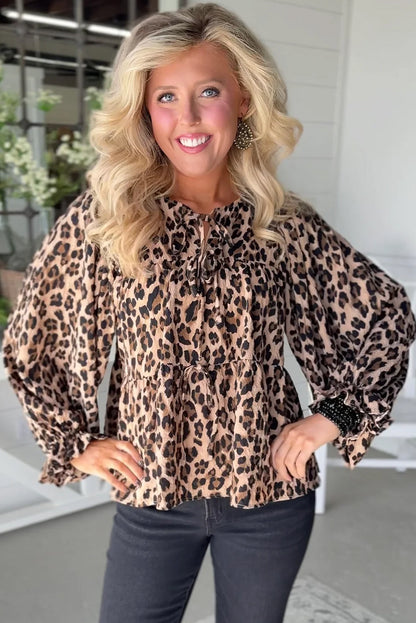 Khaki Leopard Print Tie Front Long Puff Sleeve Blouse