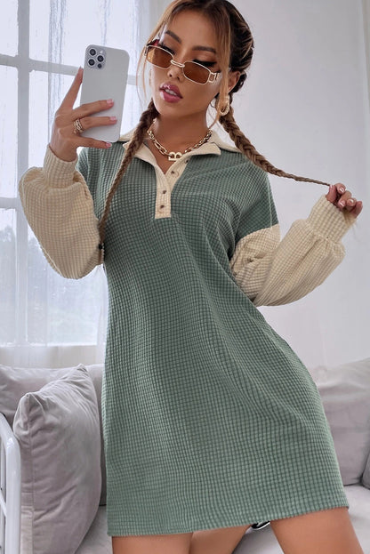 Green Bay Lattice Textured Color Block Patchwork Long Sleeve Button Collared Mini Dress