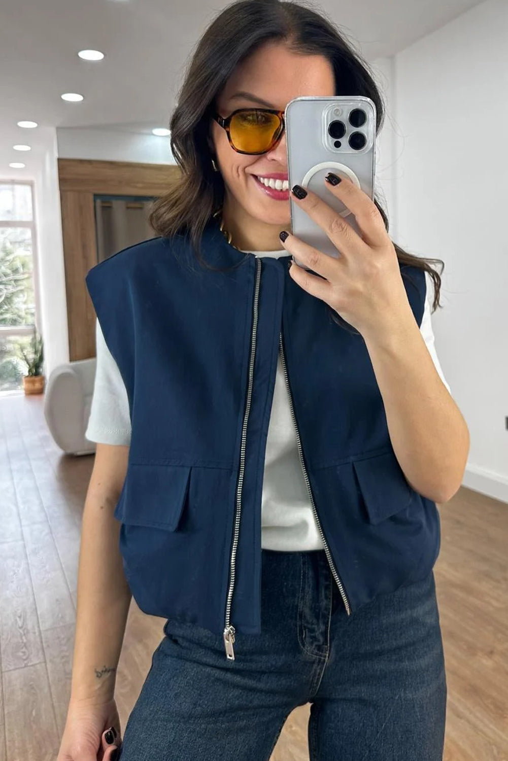 Sail Blue Mock Pockets Zipped Front Cargo Style Casual Vest