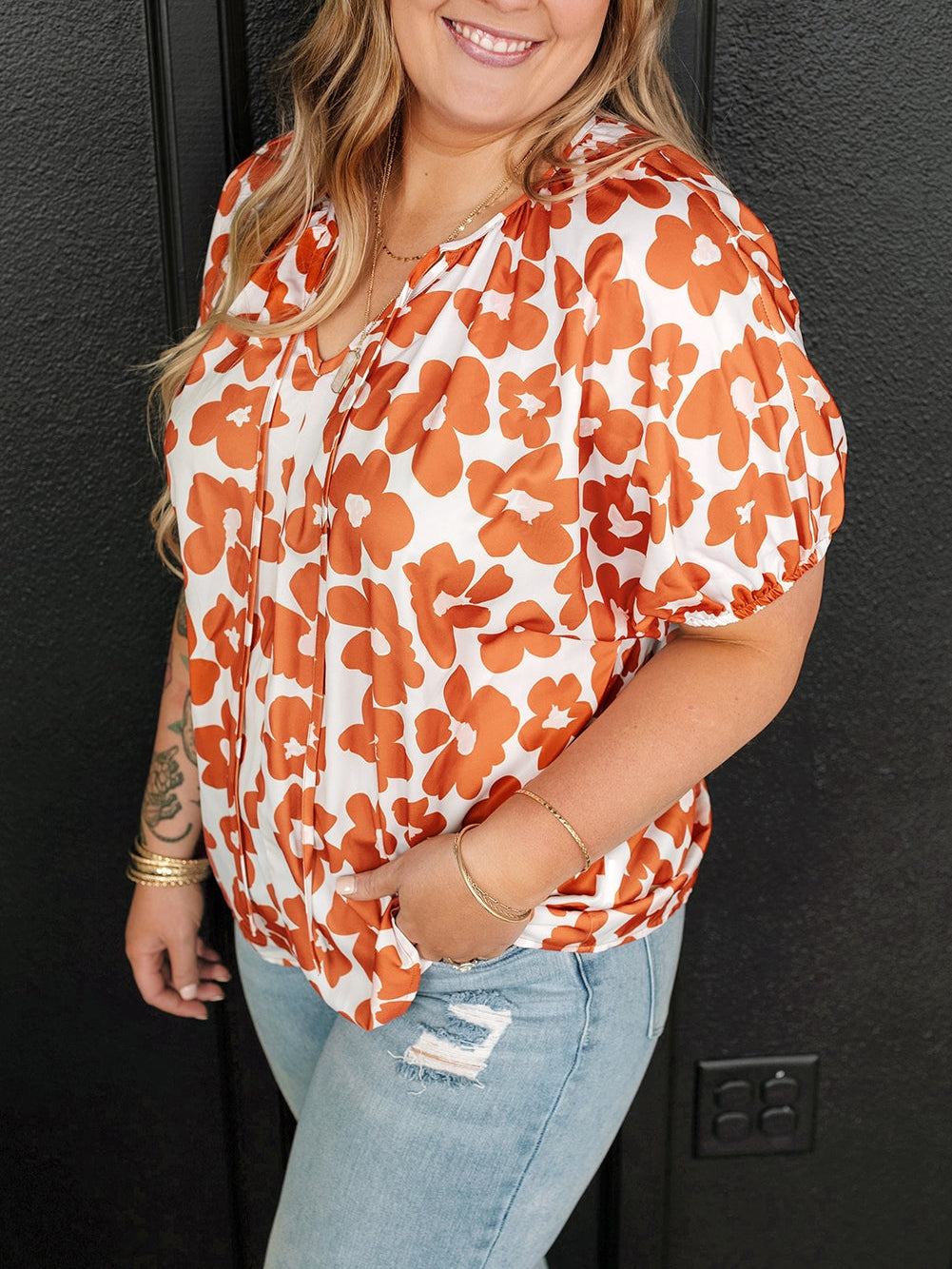 Orange Floral Print Plus Size V Neck Short Sleeve Blouse with Drawstring