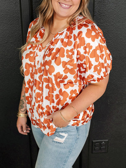 Orange Floral Print Plus Size V Neck Short Sleeve Blouse with Drawstring