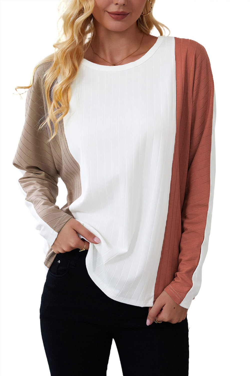 Apricot Striped Ribbed Dolman Knit Top
