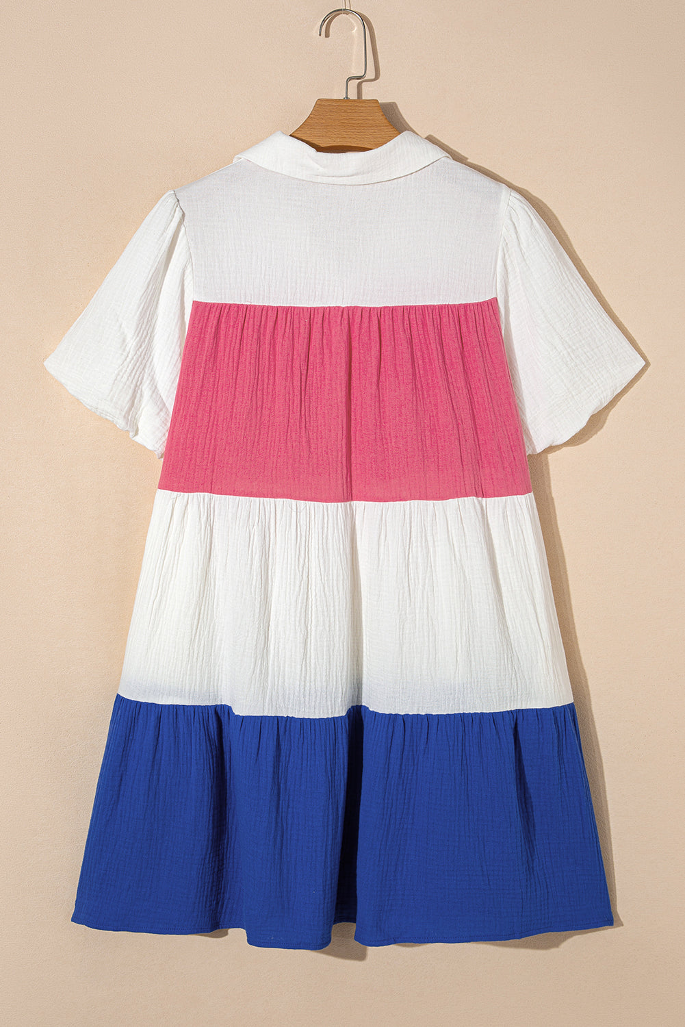 White Crinckle Colorblock Puff Sleeve Buttons Babydoll Dress