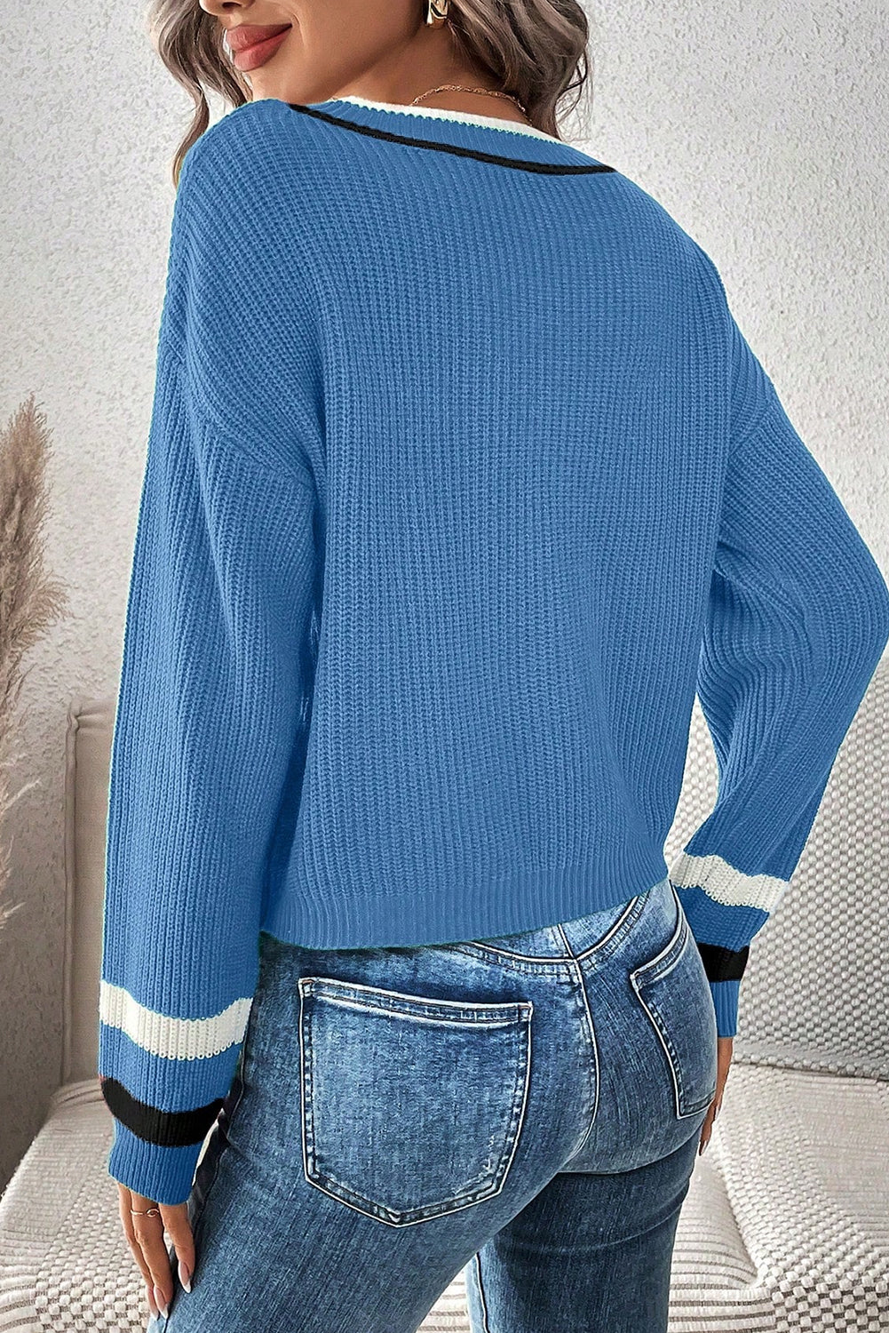 Blue Contrast Striped Trim V Neck Drop Shoulder Sweater