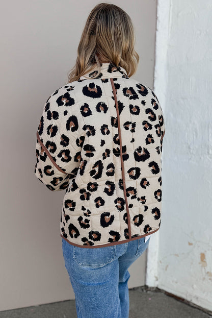 Khaki Leopard Quilted Contrast Trim Winter Jacket