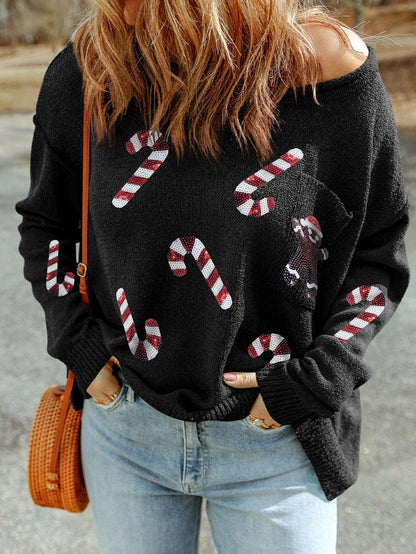 Festive Black Sequin Christmas Sweater with Gingerbread Man & Candy Canes