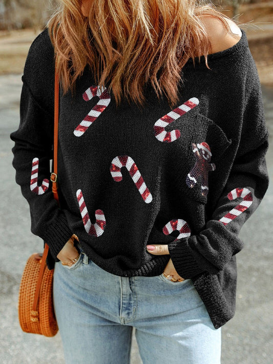 Festive Black Sequin Christmas Sweater with Gingerbread Man & Candy Canes