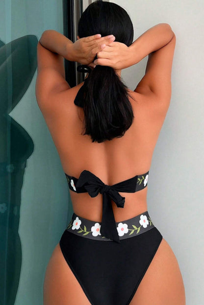 Elegant Black Floral Embroidered Halter Bikini
