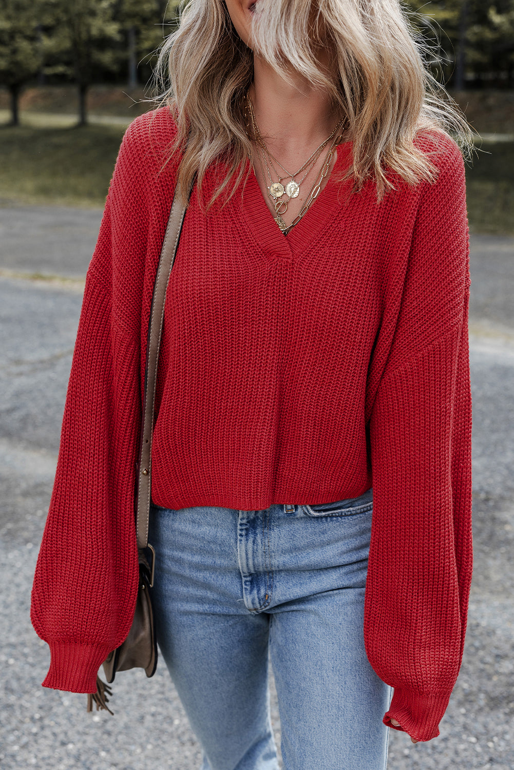 red v neck sweater