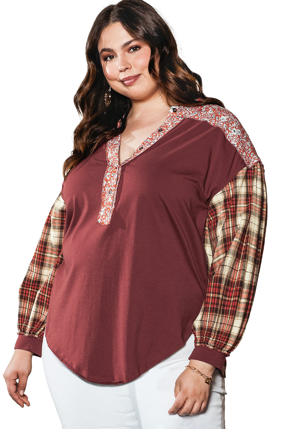 Crimson Dahlia Geometric Patchwork V-Neck Shift Top