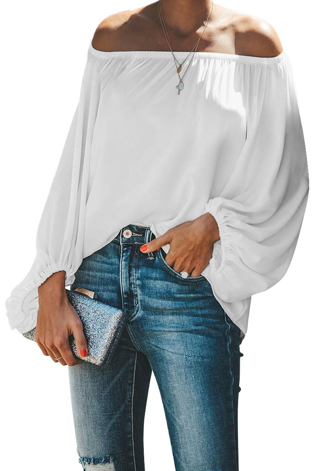 Elegant White Off Shoulder Top with Elastic Neckline