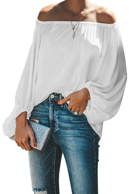 Elegant White Off Shoulder Top with Elastic Neckline