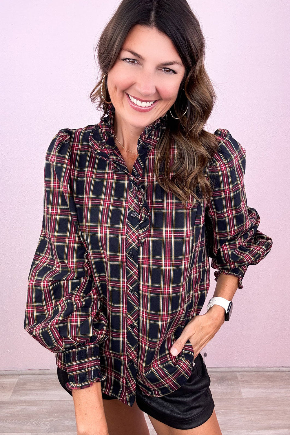 Multicolour Plaid Pattern Frilled Collared Puff Sleeve Shirt