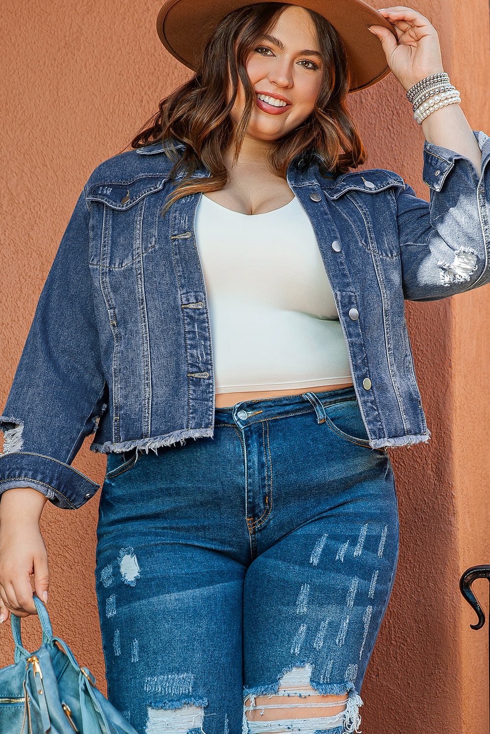 Stylish Plus Size Navy Distressed Denim Shacket