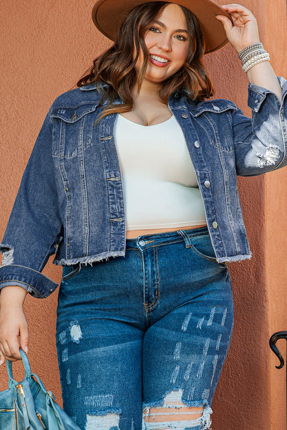 Stylish Plus Size Navy Distressed Denim Shacket