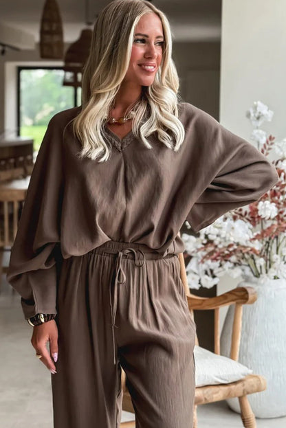 Dark Khaki Braided Trim V Neck Oversize Top Drawstring Pants Loose 2pcs Outfit