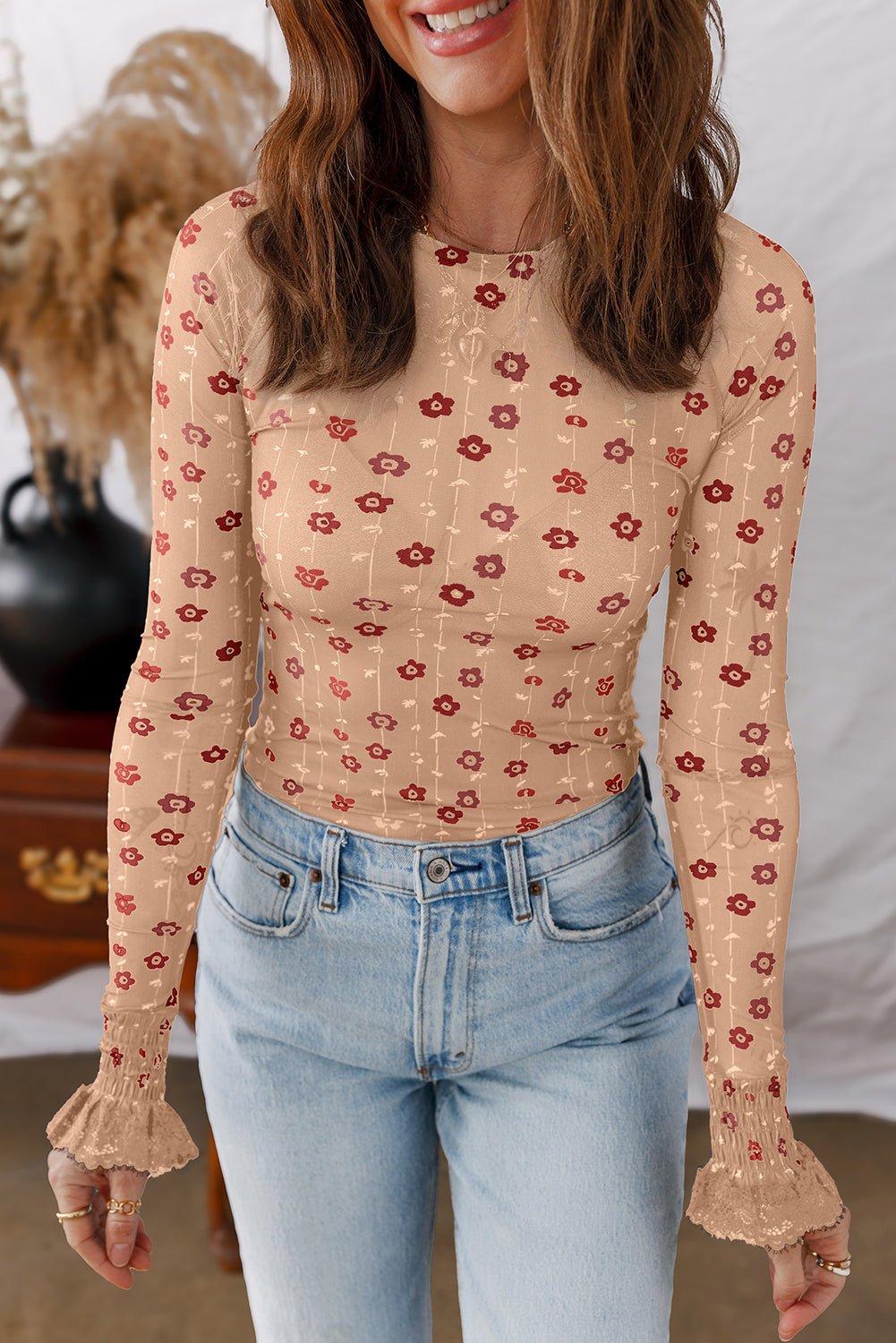 Apricot Floral Print Smocked Cuff Slim Fit Mesh Bodysuit