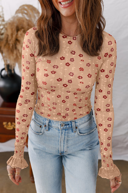 Apricot Floral Print Smocked Cuff Slim Fit Mesh Bodysuit