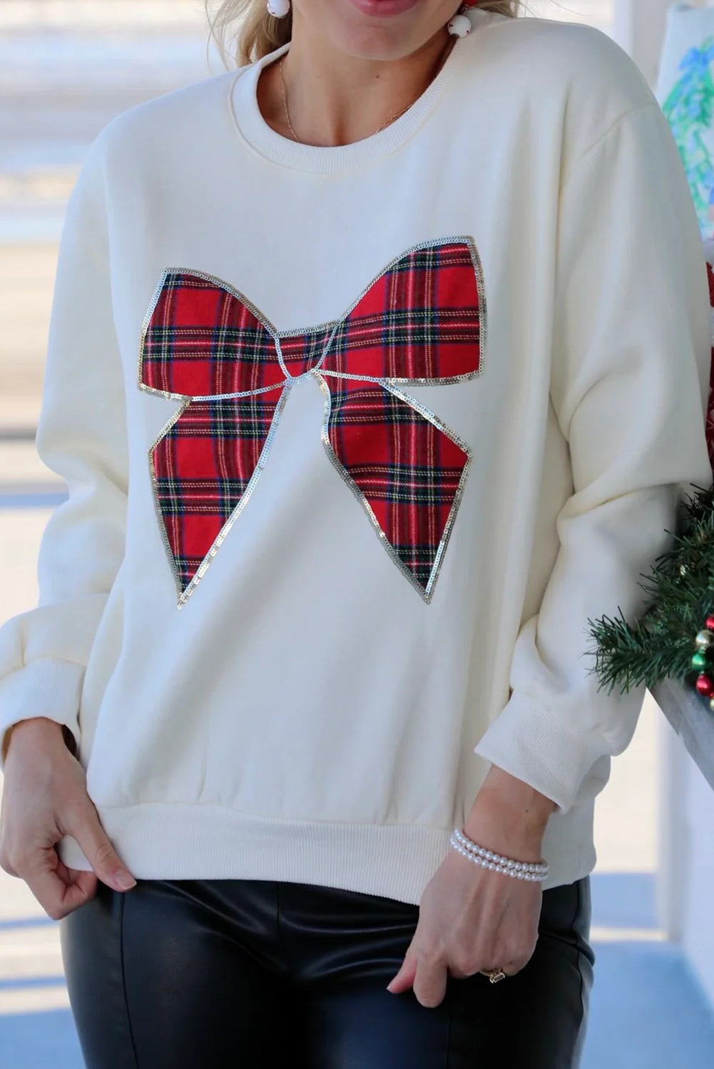 White Sequin Trim Plaid Bow Drop Shoulder Sweatshirt