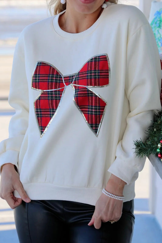 White Sequin Trim Plaid Bow Drop Shoulder Sweatshirt