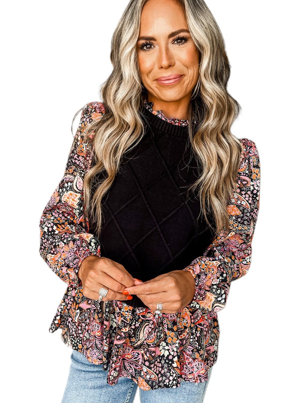 Graceful Black Floral Peplum Sweater with Ruffled Hem