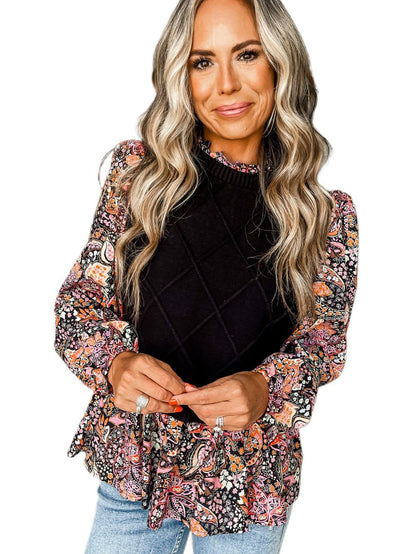 Graceful Black Floral Peplum Sweater with Ruffled Hem