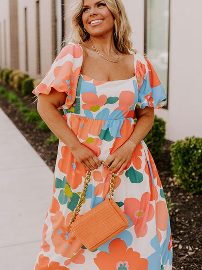 Floral Bliss Plus Size Orange Maxi Dress with Square Neck