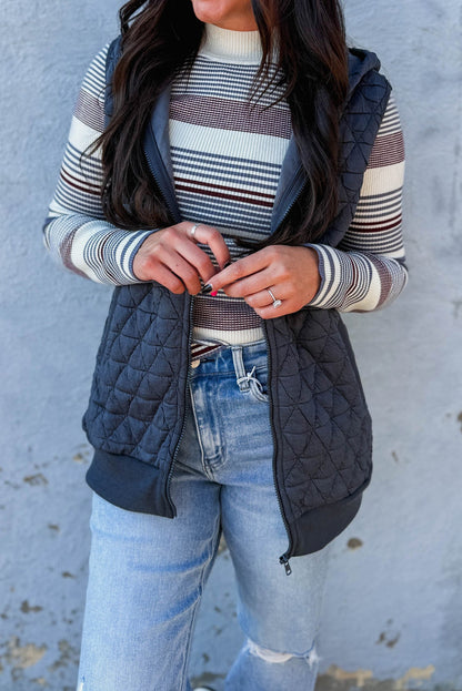 Dark Grey Quilted Texture Zip Up Hooded Vest