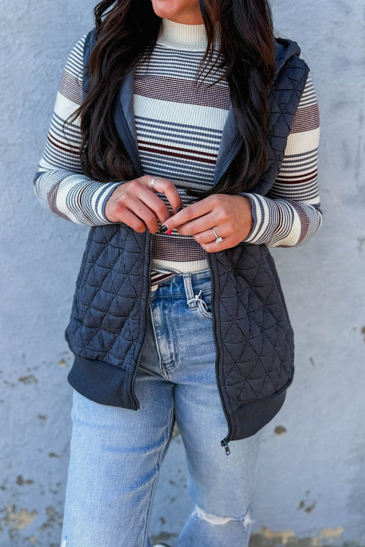 Dark Grey Quilted Texture Zip Up Hooded Vest