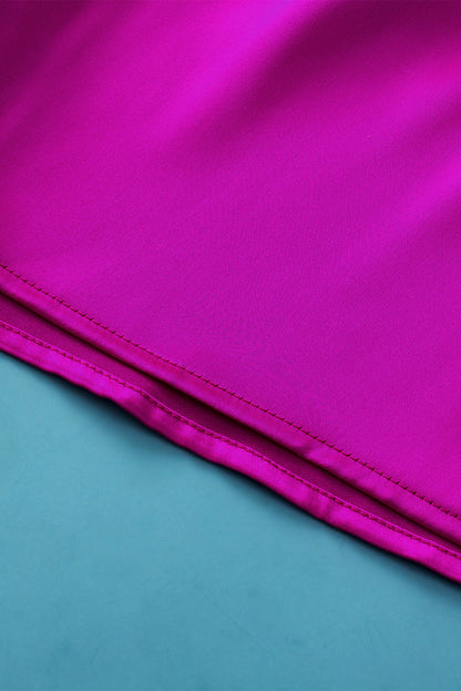 Elegant Bright Pink Satin Lounge Set with V-Neck Tee and Drawstring Shorts