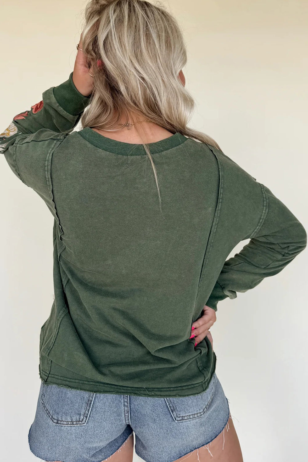 Mist Green Mineral Wash Drop Shoulder Floral Embroidered Sleeve Raw Edge Sweatshirt