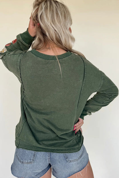 Mist Green Mineral Wash Drop Shoulder Floral Embroidered Sleeve Raw Edge Sweatshirt