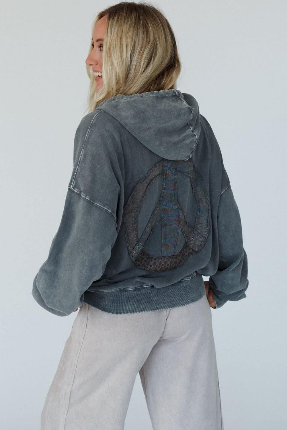 Dark Grey Mineral Wash Button Drawstring Neck Hooded Sweatshirt
