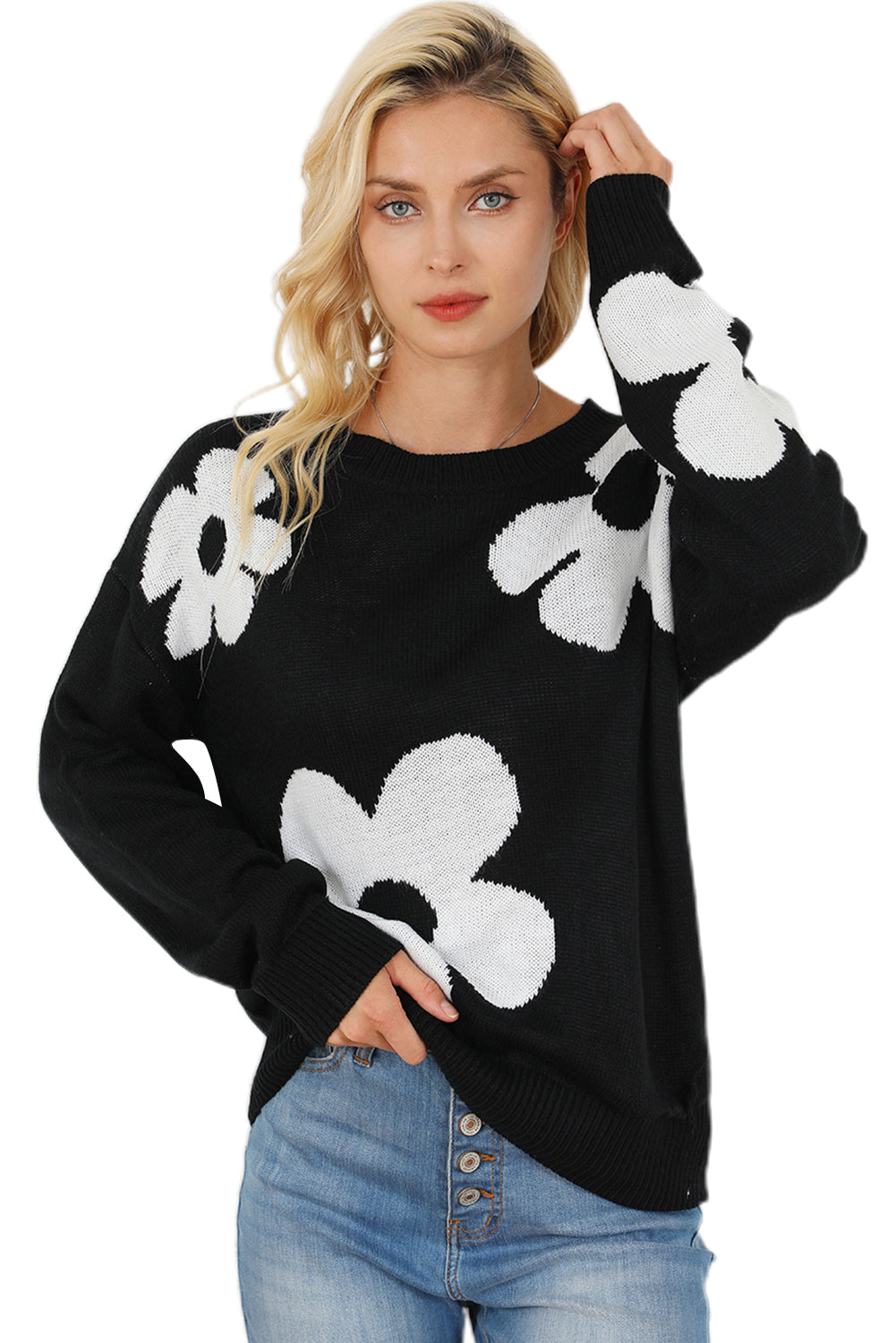 Elegant Black Floral Knit Sweater