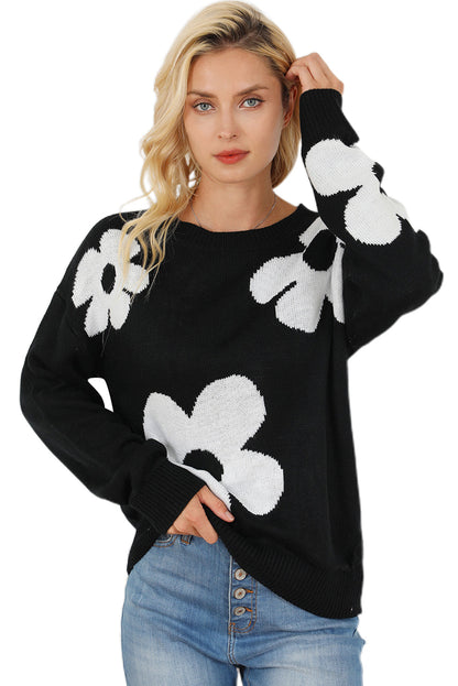 Elegant Black Floral Knit Sweater