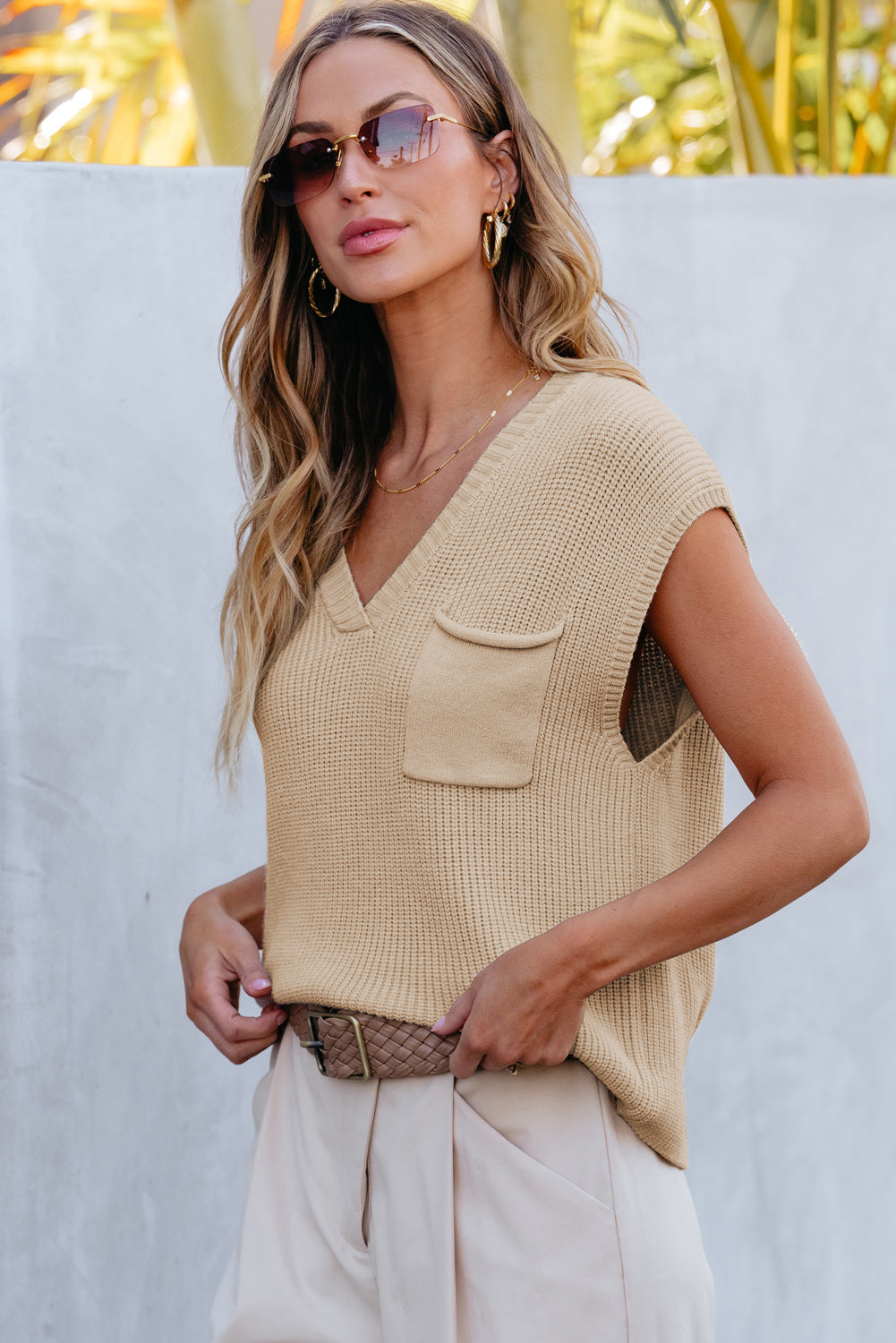 Apricot Ribbed V Neck Cap Sleeve Sweater with Chest Pocket