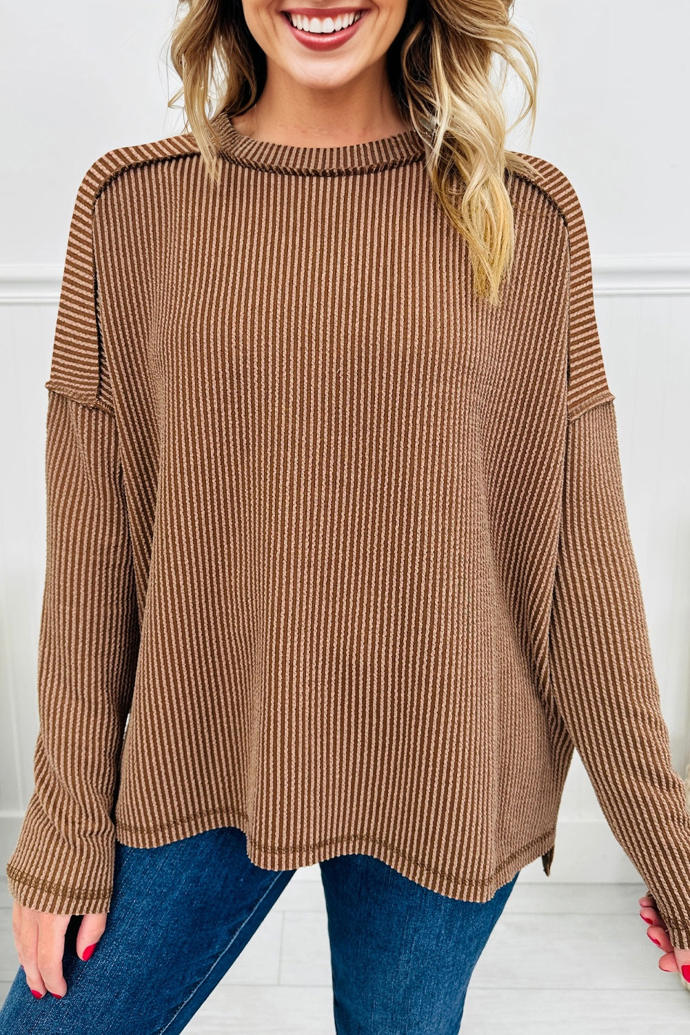 twisted ribbed long sleeve top