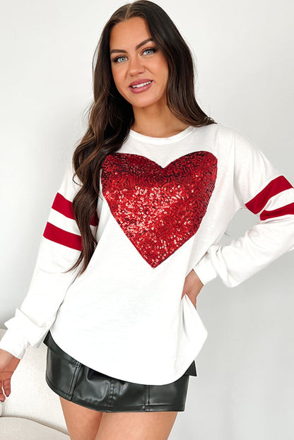 White Big Heart Sequin Patched Varsity Striped Long Sleeve Top