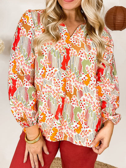 Elegant Orange Floral Print V Neck Puff Sleeve Top