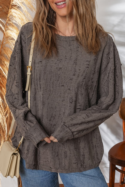 Dark Brown Distressed Drop Shoulder Loose Long Sleeve Tee