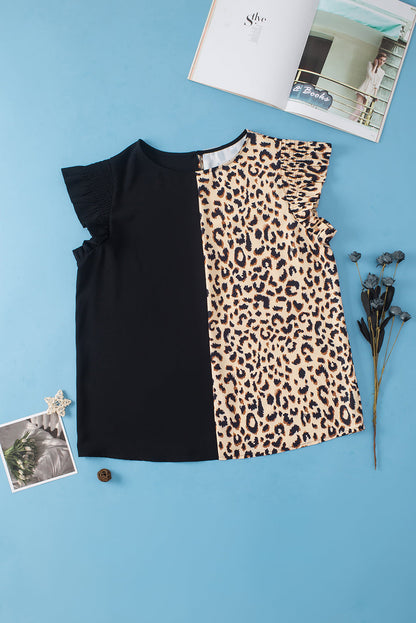Elegant Black Leopard Ruffle Sleeve Plus Size Top