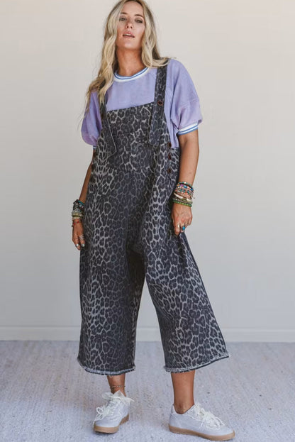 Gray Leopard Print Button Adjustable Straps Loose Denim Overall Jumpsuit