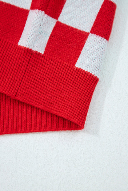 Red Checkered Christmas Tree Pattern Button V Neck Cardigan Sweater