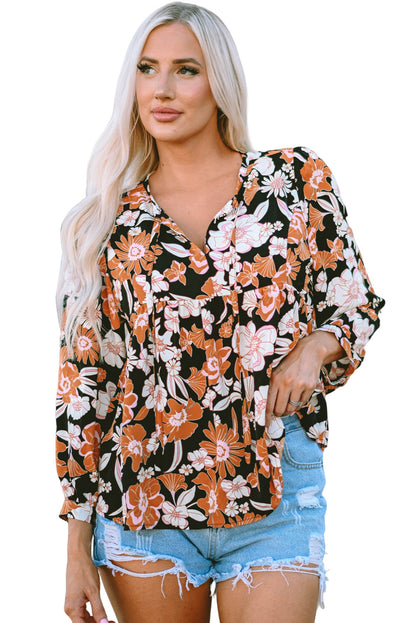 Elegant Brown Floral Babydoll Blouse with Tie Neck