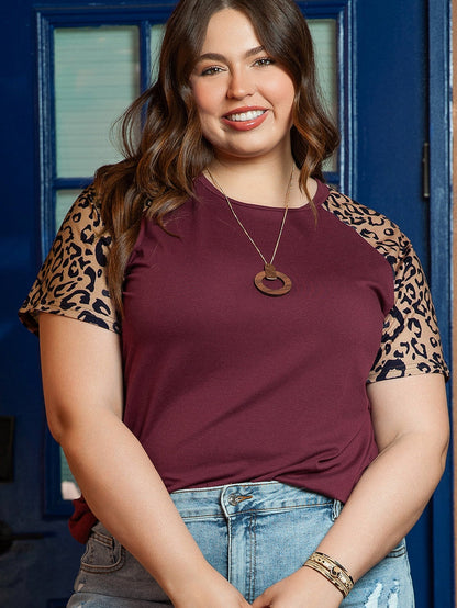 Leopard Print Raglan Sleeve Burgundy Plus Size Tee