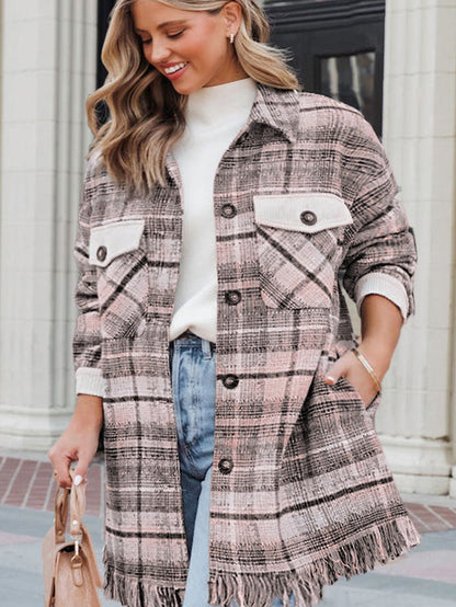 Pink Plus Size Macrame Plaid Coat