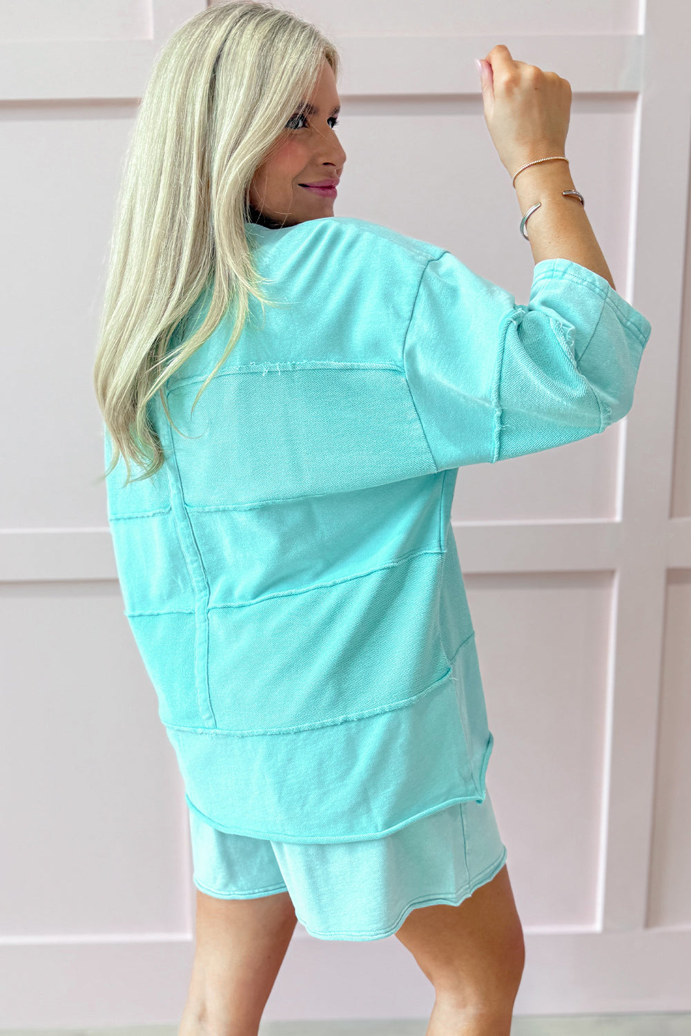 Mint Green Exposed Seam 3/4 Sleeve T Shirt and Lace-up Shorts Set
